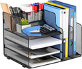 4-Tier Desk Organizer and Accessories with 2 File Holder Storage, Metal File Organizer for Desk with 2 Pen Holder, Office Organization for Paper, Document, Stationery Storage, Black