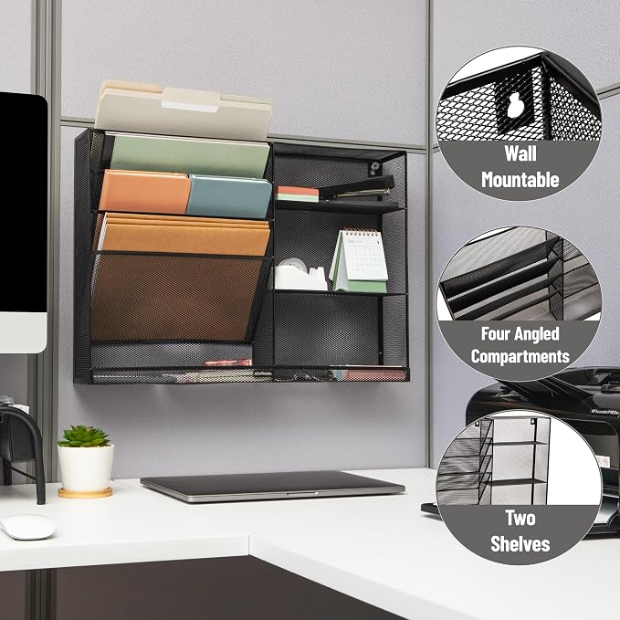 Mind Reader 4-Tier Vertical File Storage and Shelves, Desktop Organizer, Wall Mount, Office, Metal Mesh, 22.5"L x 4"W x 16"H, Black