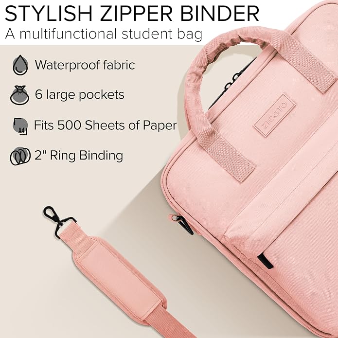 Sturdy 3 Ring Zipper Binder with Strap - 2" Binder with Pockets Holds 500 Sheets, Laptop & More - Durable & Easy to Carry
