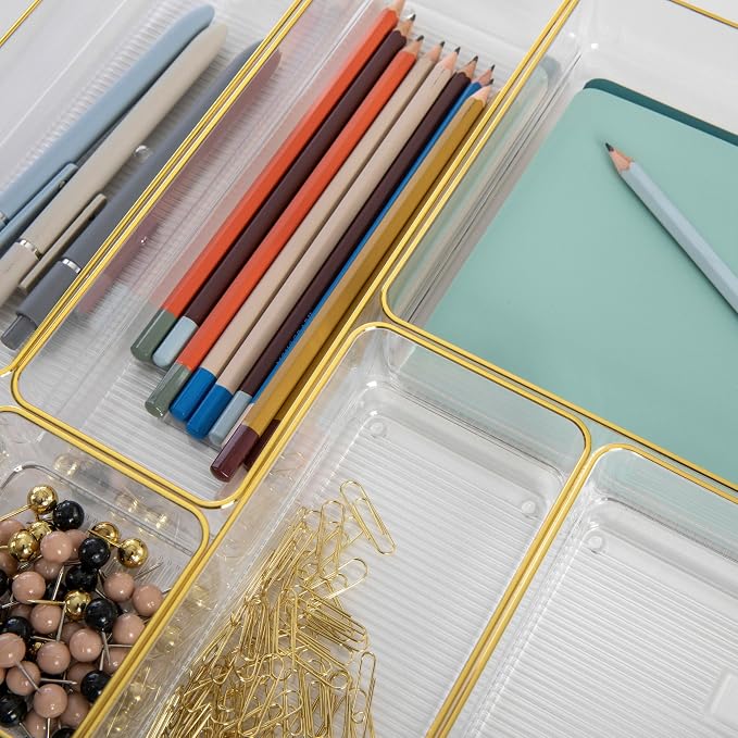 Martha Stewart Kerry Stackable Desk Drawer Organizers, Clear/Gold, 8-Pack | Various Sizes, Gold Trim, Stackable