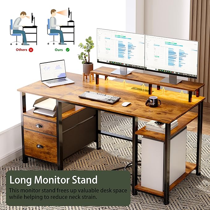 Furologee 51" Computer Desk with Outlets & LED, Desk with Drawers, Brown | Reversible Computer Desk for Office, AC Outlets & USB, Drawer & File Cabinet, Ergonomic Monitor Stand, Adjustable Shelf