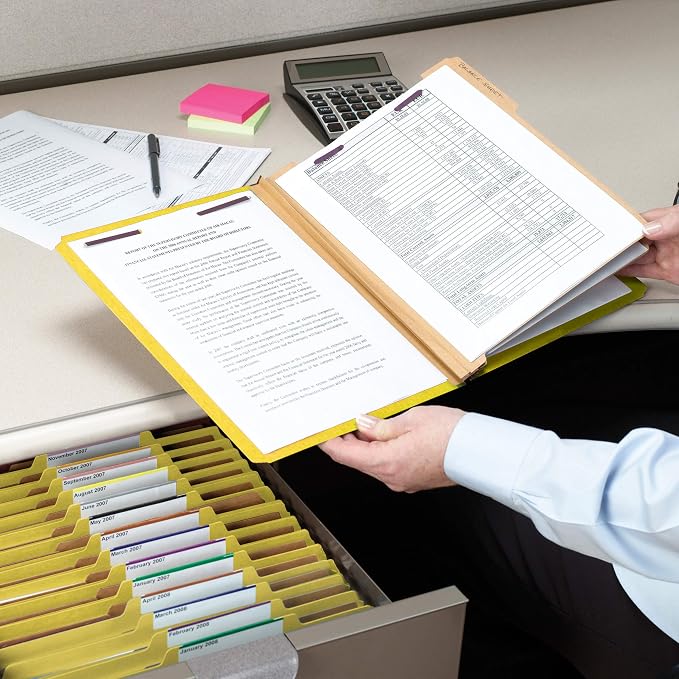 Smead Pressboard Classification File Folder with SafeSHIELD® Fasteners, 3 Dividers, 3" Expansion, Letter Size, Yellow, 10 per Box (14098) (Pack of 1)
