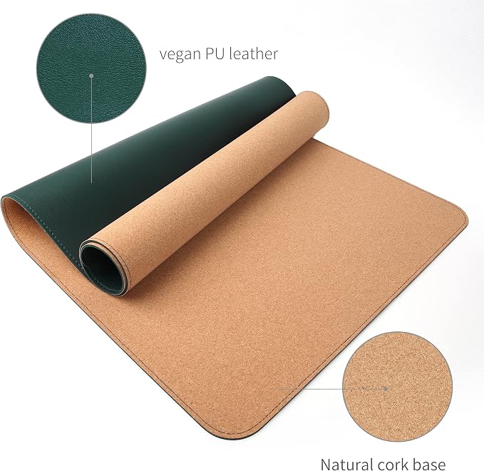 RENMTURE Dual-Sided Mouse Pad, Natural Cork & PU Leather Large Desk Pad for Office and Home Work, Desk Protector Non-Slip, Waterproof, Easy Clean (Dark Green, 36"x17")