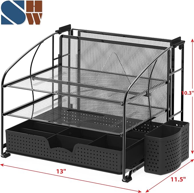 Simple Houseware 3-Tier Desk Organizer with Sliding Drawer, Black | Hanging File Holder and Pen Holder Accessory