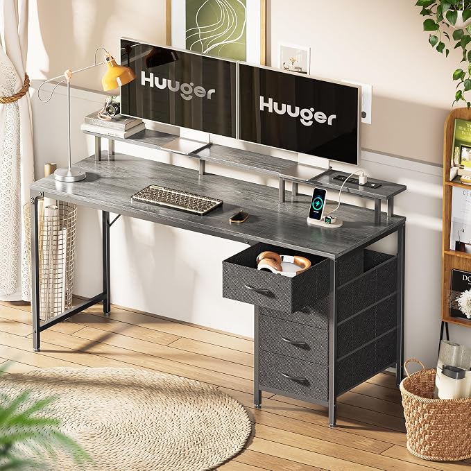 Huuger 55 Inch Computer Desk with Power Outlets and LED Lights, Gaming Desk with 4 Drawers, Office Desk with Monitor Stand, Study Work, Home Office, Gray