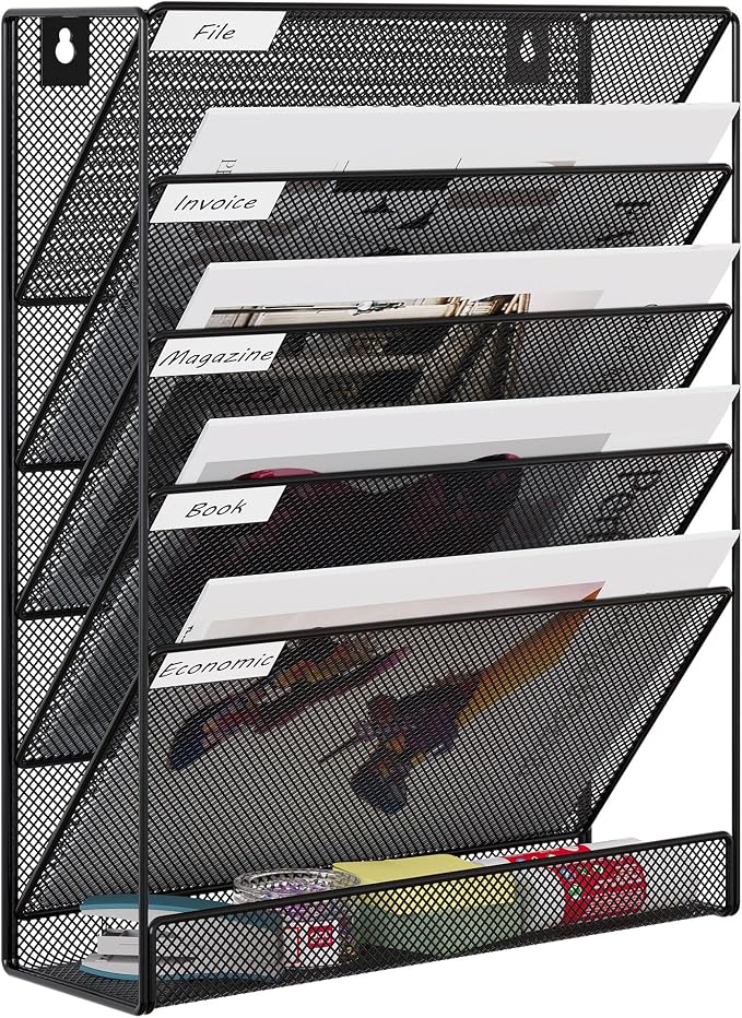 EasyPAG 5 Tier Wall File Holder, Mesh Hanging Folder Organizer with Classify Label, Versatile Desk File Holder, Vertical Wall Mounted Mail Organizer for Office Home Cubicle, Black