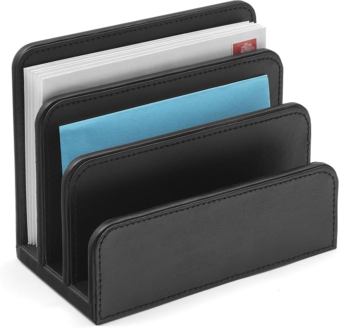 OSCO Black Faux Leather Letter Holder | Mail Sorter | Post Rack | Envelope Organiser | Document Stand | Desk File Storage | Display Slots | H14 x W17.5 D10 cm |