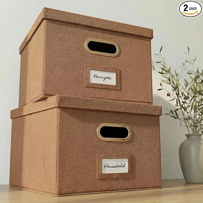 Decorative File Organizer Box Set of 2 - Collapsible Linen Filing Cabinets | Stores Documents and Hanging File Folders - Portable Office Crates with Lid and Handles for Easy Slide Access