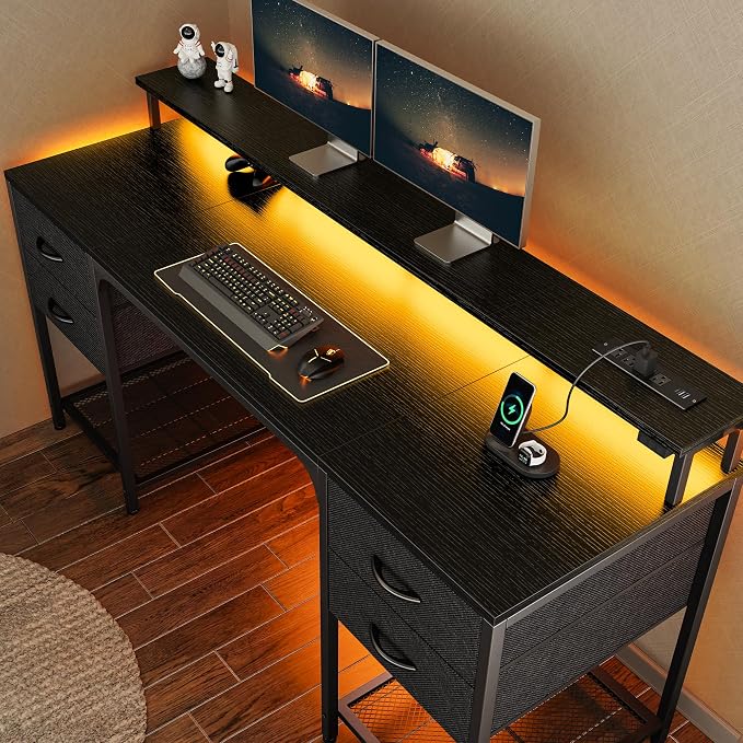 Huuger 63 inch Computer Desk with Power Outlets & 4 Drawers | Gaming Desk with LED Lights, Home Office Desk with Large Storage Space for Bedroom, Work from Home, Black
