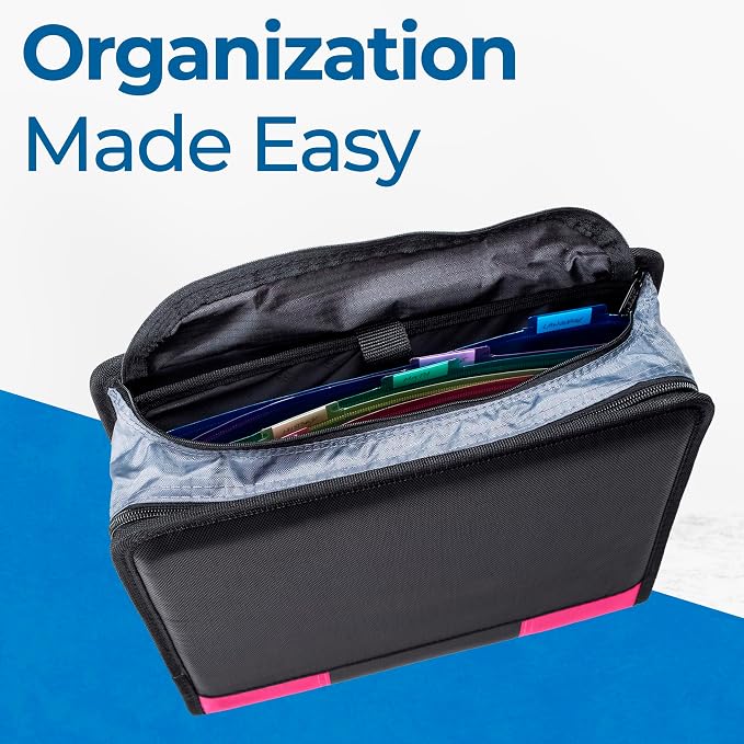 Case-it Dual Zipper Binder | Two 2" D-Rings | 700-Sheet | Dual-301 Pink | Dual 2.0 2-in-1, 5-Subject Expanding File Folder, Multiple Pockets, Storage Organizer, Shoulder Strap, School & Office