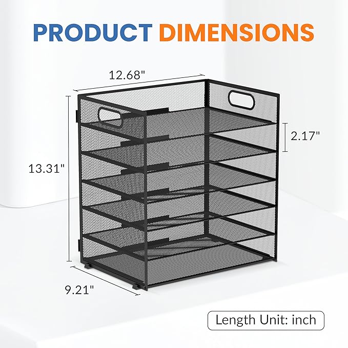 Daltack 6-Tier Paper Organizer for Desk with Handle, Black, 2 Pack | Sturdy Metal Mesh Organizer with Movable Middle Trays and a Carry Handle for Papers, Folders and Office Supplies