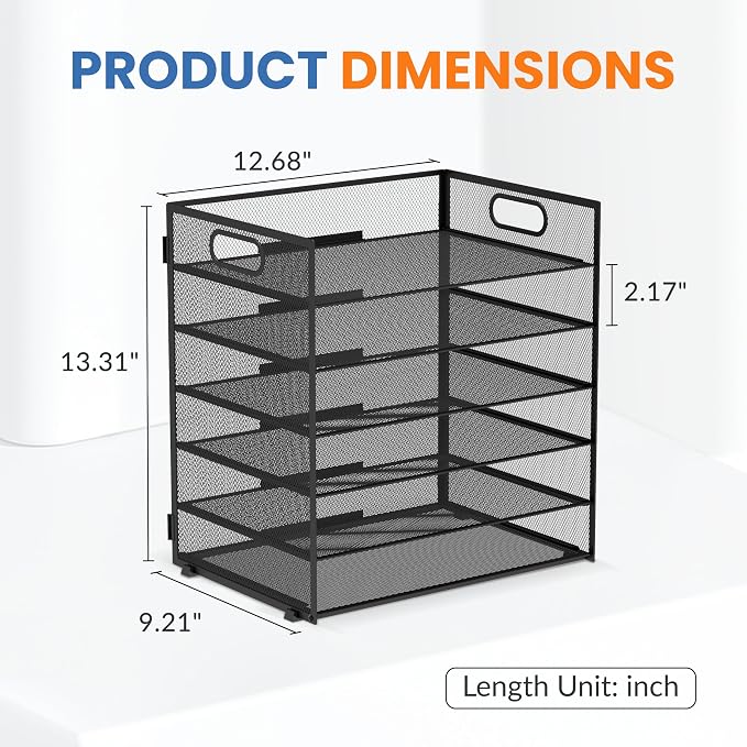 Daltack 6-Tier Paper Organizer for Desk with Handle, Black | Sturdy Metal Mesh Organizer with Movable Middle Trays and a Carry Handle for Papers, Folders and Office Supplies