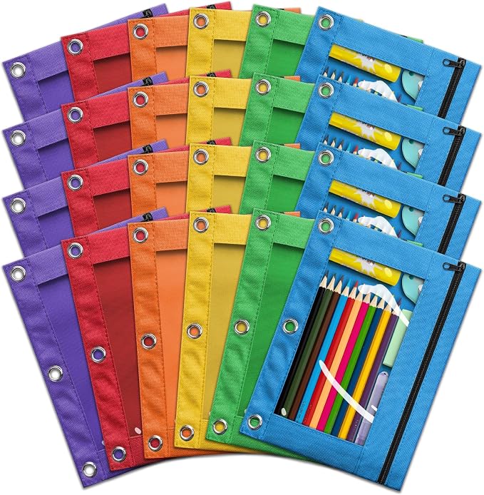 Pencil Pouch for 3 Ring Binder, Bulk 24 Pack 3-Holes Zipper Pencil Pouches in Assorted Colors, Sturdy and Durable Cloth Pencil Holder with Clear Window for Office School College Supplies