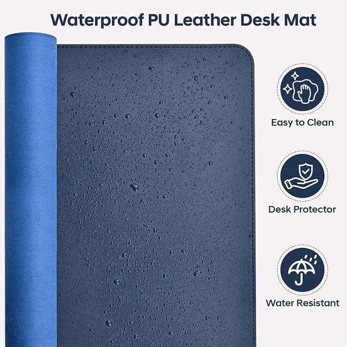 Leather Desk Pad Protector, Office Desk Mat, Large Mouse Pad, Non-Slip PU Leather Desk Blotter, Waterproof Computer Desk Writing Pad for Office and Home (Dark Blue, 23.6" x 13.7")