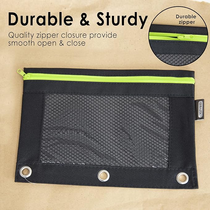 BAZIC Products Noir Neon 3-Ring Pencil Pouch with Mesh Window, 144-Case | clear mesh window and a zipper closure for pens, pencils, supplies
