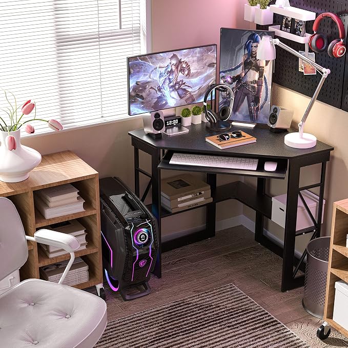 VECELO Corner Desk Computer Desk Writing Table with Smooth Keyboard Tray & Storage Shelves,Compact Home Office Triangle Table,Black