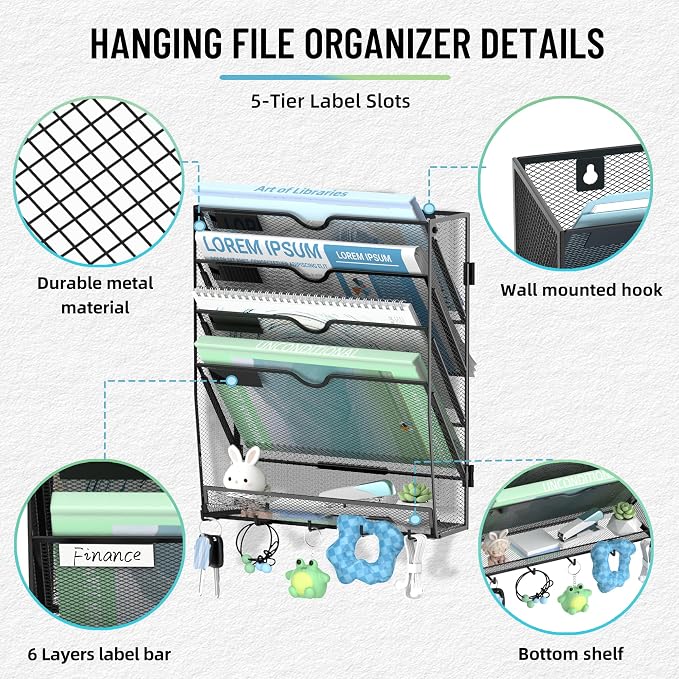 5-Tier Wall File Organizer with 5 Hooks, Wall Mounted Mail Organizer | File Holder Organizer, Metal Mesh Office Wall Organizer for Home, School & Classroom