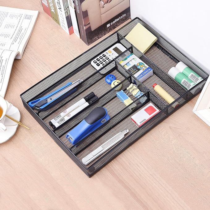 WuGeShop Desk Drawer Organizer with 6 Compartments, Mesh Drawer Organizer Tray for Stationery, Office Supplies Desktop Storage, Black