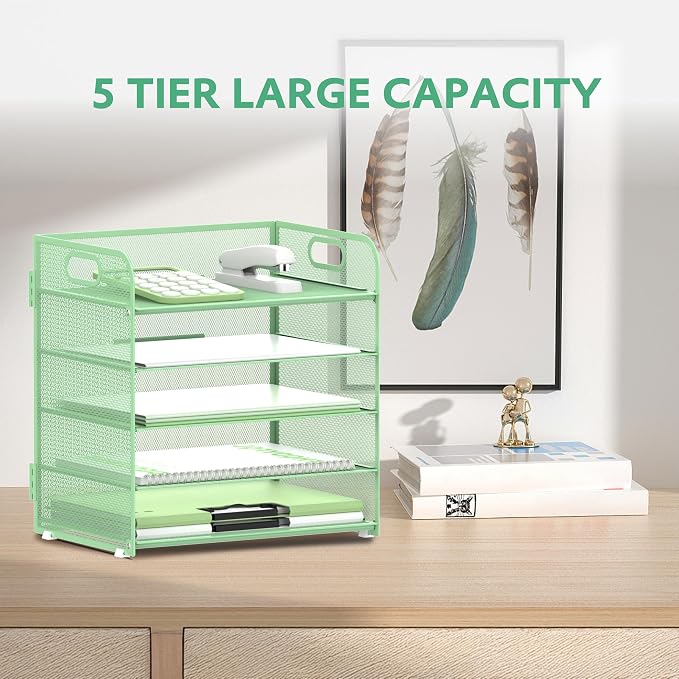5 Trays Paper Organizer Letter Tray with Handle-Mesh Desk File Holders, Paper Sorter Desk Organizer for Office, Home, Classroom or School(Mint Green)