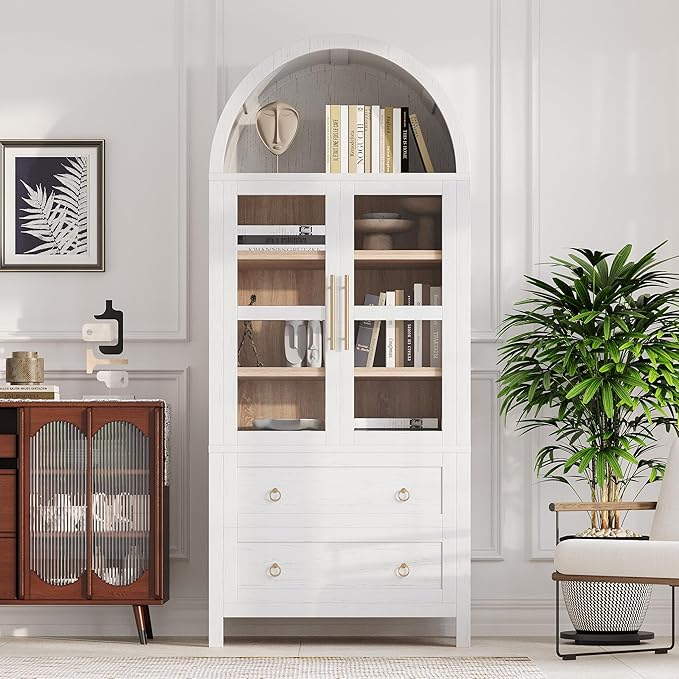 71" Arched Storage Cabinets with Glass Doors, Farmhouse Kitchen Pantry Cabinet with 2 Large Drawers, Tall Bookcase with Adjustable Shelves, Curio Cabinet, Display Cabinet(White)