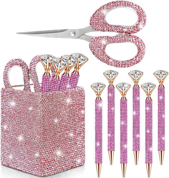 Qilery 8 Pcs Bling Desk Accessories Gift with 1 Bling Pen Holder 6 Pcs Crystal Rhinestone Pens 1 Crystal Scissors Glitter Makeup Brush Holder Valentines Gift Vanity Decor Organizer(Pink)