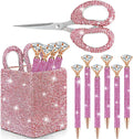 Qilery 8 Pcs Bling Desk Accessories Gift with 1 Bling Pen Holder 6 Pcs Crystal Rhinestone Pens 1 Crystal Scissors Glitter Makeup Brush Holder Valentines Gift Vanity Decor Organizer(Pink)