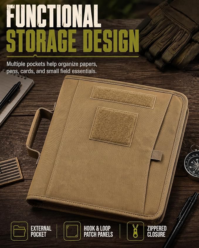 Tactical Padfolio, Detachable 3-Ring Binder with Zipper | Multi-pocket nylon organizer with carry handle, 40 letter-size sheets, pen and compass for field work, office and school
