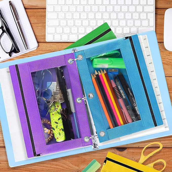 Pencil Pouch for 3 Ring Binder, 30 Pack Bulk Pencil Bags with Zipper, 6 Colored Pencil Case for Classroom School Office Supplies, Large Sturdy and Durable Cloth Pencil Pocket for 3 Holder Binder