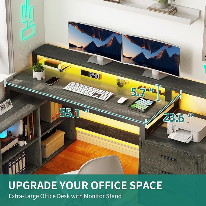 YITAHOME L Shaped Desk with 3 Drawers | 3 Drawers, Power Outlets & LED Lights, File Cabinet & Printer Stand, For Home Office