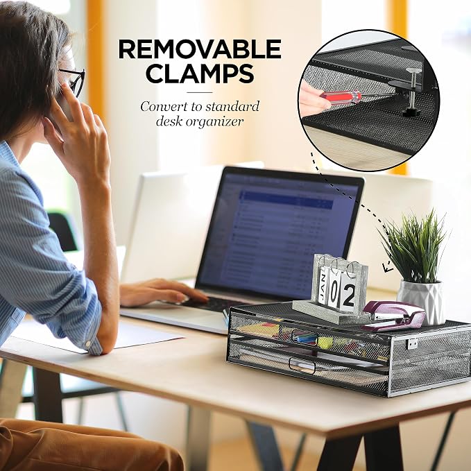 Homeify Under Desk Drawer Organizer Clamp-On, Mesh Metal Drawer Attachment, 2 Drawer Slide Out, On Or Under Desk Organizer For Office Supplies & Home Essentials (2 Drawers)