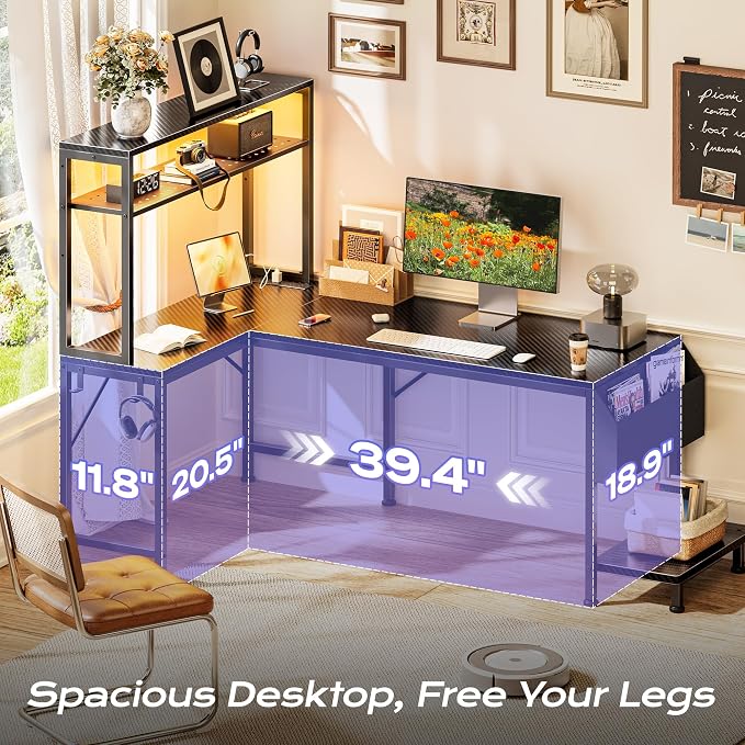 L Shaped Gaming Desk with LED Lights & Power Outlets | Reversible Computer Desk with Storage Shelves & Bag, Large Corner Home Office Desk for Work from Home, Carbon Fiber Black