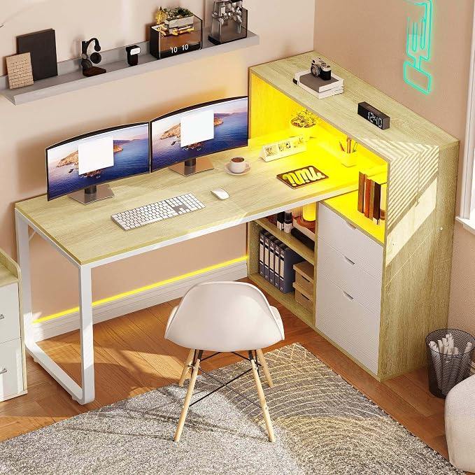 YITAHOME 55" L Shaped Corner Computer Desk with Drawers & Power, White Oak | Corner Desk with Drawers, Bookshelf, L Shaped Desk with Power Outlets, LED Lights, File Cabinet, for Home Office