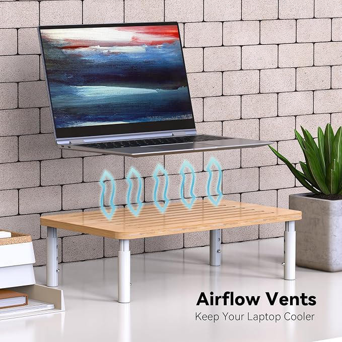 Bamboo Monitor Stand Riser, 4 Adjustable Height,Easy Assembly | Laptop Stand with Airflow Vents, Desk Organizer for Computer, PC, Printer