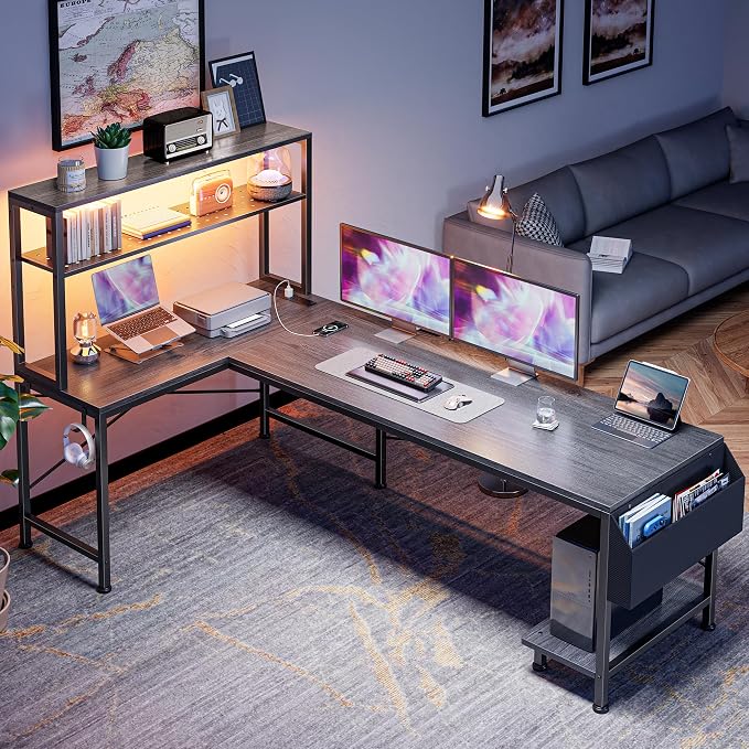 L Shaped Gaming Desk with LED Lights & Power Outlets | Reversible Computer Desk with Storage Shelves & Bag, Large Corner Home Office Desk with Pegboard for Work from Home, Grey
