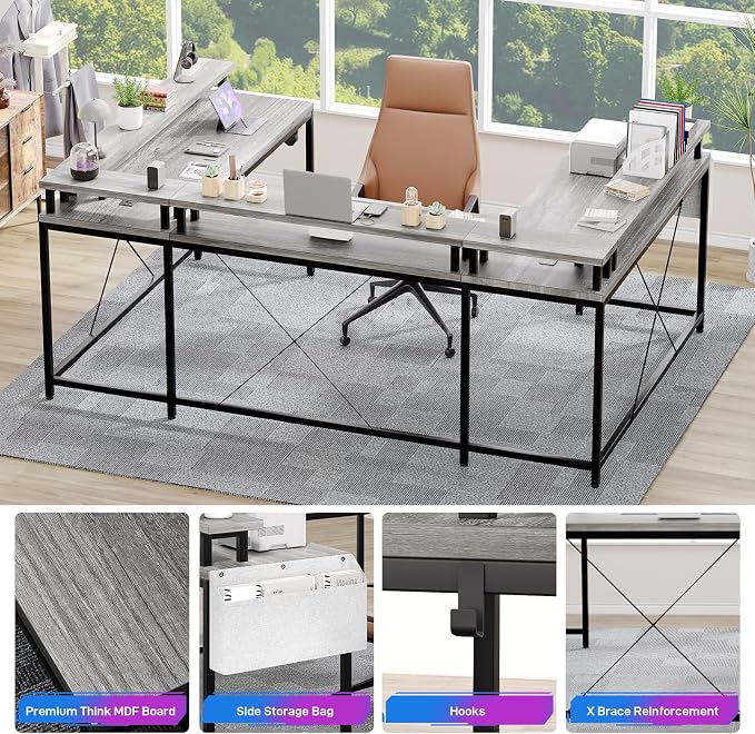 Reversible u Shaped to l Shaped Computer Desk with RGB Lighting & Charging Station, 79 Inch Home Office Workstation with Full Monitor Stand, Heavy Duty Gaming Desk Supporting 600LBS, Multiple Color Op