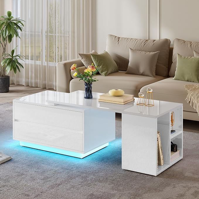 YITAHOME 35"-61" Extendable LED Coffee Table with 4 Drawers, White | Center Table with 4 Storage Drawers, Open Shelves, Sliding Extendable Top, LED Lighting, for Living Room Home Office