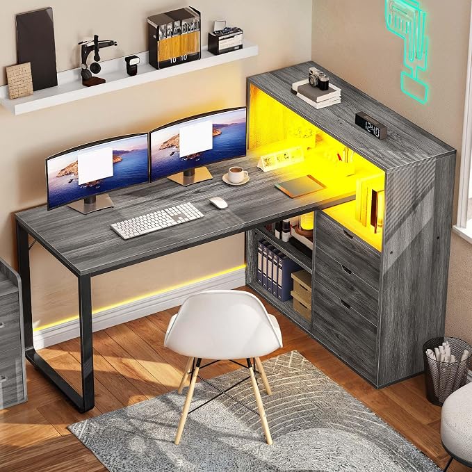 YITAHOME 55" L Shaped Corner Computer Desk with Drawers & Power, Grey | 3 Drawers, 3 Storage Shelves, Bookshelf, Power Outlets, LED Lights, File Cabinet, Easy Assembly