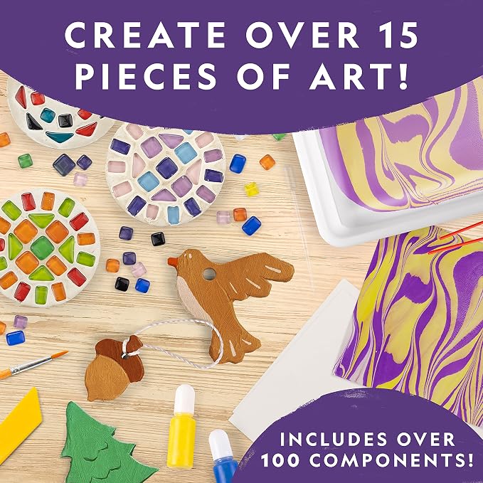 National Geographic Mega Arts and Crafts Activity Kit for Kids Ages 8-12 | Mosaic Art, Marbling Paint and Air-Dry Clay, 3 Craft Kits, 19 Art Projects, 100+ Components, Creative Birthday Gift