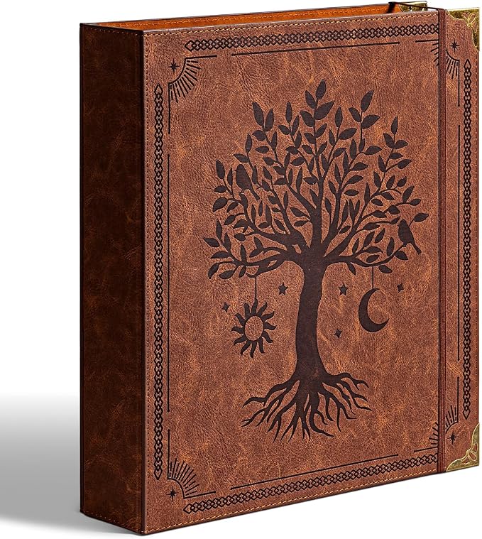 Ovesmusl PU Leather D Ring Binder, 2 Inch Brown Tree | Fits 8.5x11 letter paper, holds 550 sheets, inner pockets, loose leaf organizer