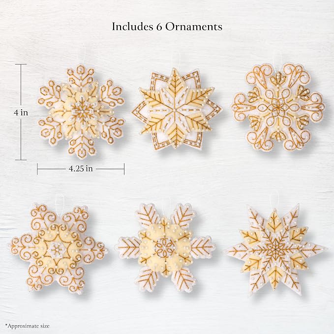 Bucilla Felt Applique 6 Piece Ornament Making Kit, Pearl Snowflakes, Perfect for Holiday DIY Arts and Crafts, 89682E