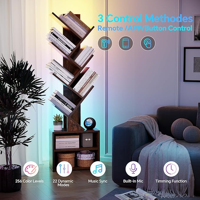 SUNMORY 6 Tier Tree Bookshelf with Lights, Bookcase with Storage Organizer | Dimmable LED Corner Bookshelf, Small Book Case, Narrow Floor Standing Book Shelf for Living Room, Bedroom & Home Office