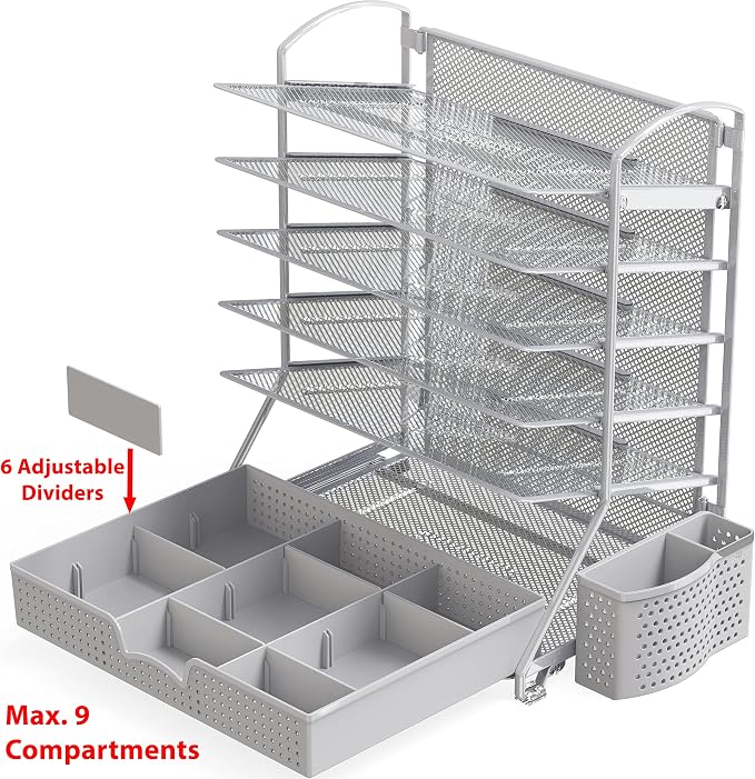 Simple Houseware 6-Tier Desk File Organizer w/Drawer & Pen Holder, Silver | 5 Tilted Letter Trays for A4 Paper, Mail and Documents