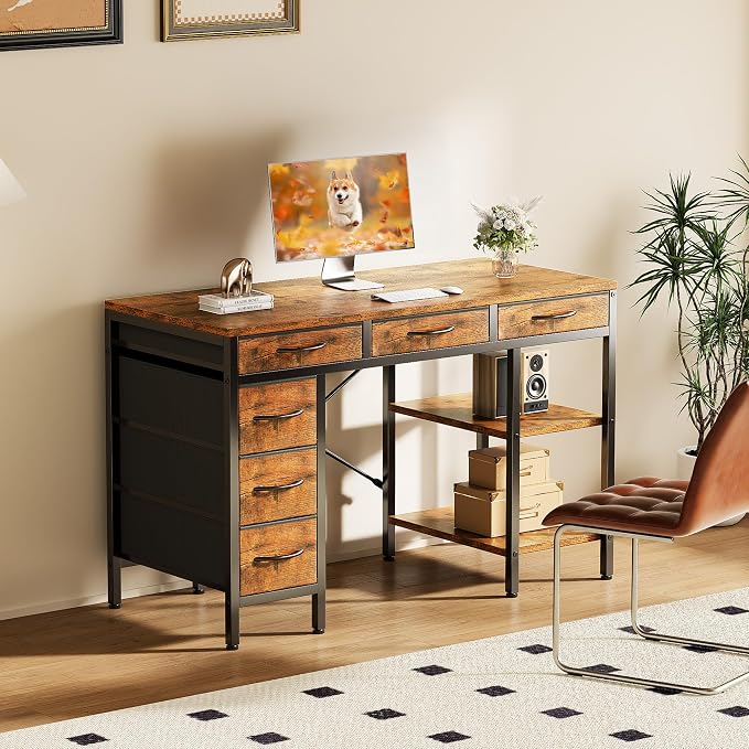 Sweetcrispy 47" Computer Desk with 6 Fabric Drawers & Storage Shelves | Reversible Gaming Desk, Office Desk, Computer Workstation, Corner Desk with Storage, Home Office, Living Room,Rustic Brown