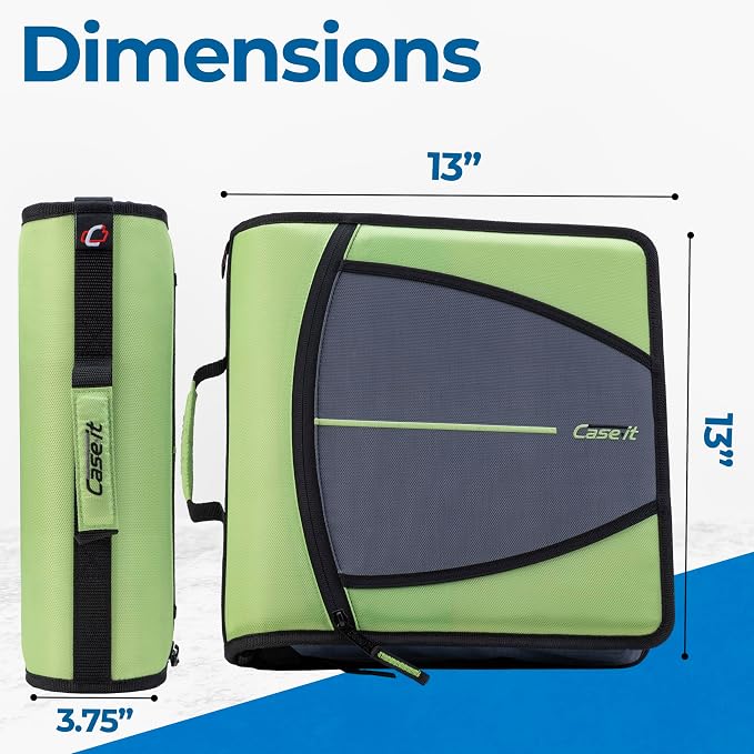 Case-it School Zipper Binder | 3-Inch O-Rings | 600-Sheet | D-146 Key Lime | Mighty Zip Tab, 5-Subject Expanding File Folder, Multiple Pockets, Storage Organizer, Shoulder Strap, Office