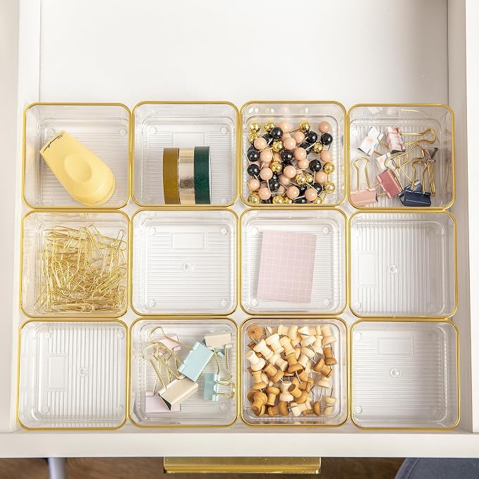 Martha Stewart Kerry Stackable Desk Drawer Organizers, Clear/Gold, 12-Pack | 3x3 in Organizers, Gold Trim, Stackable