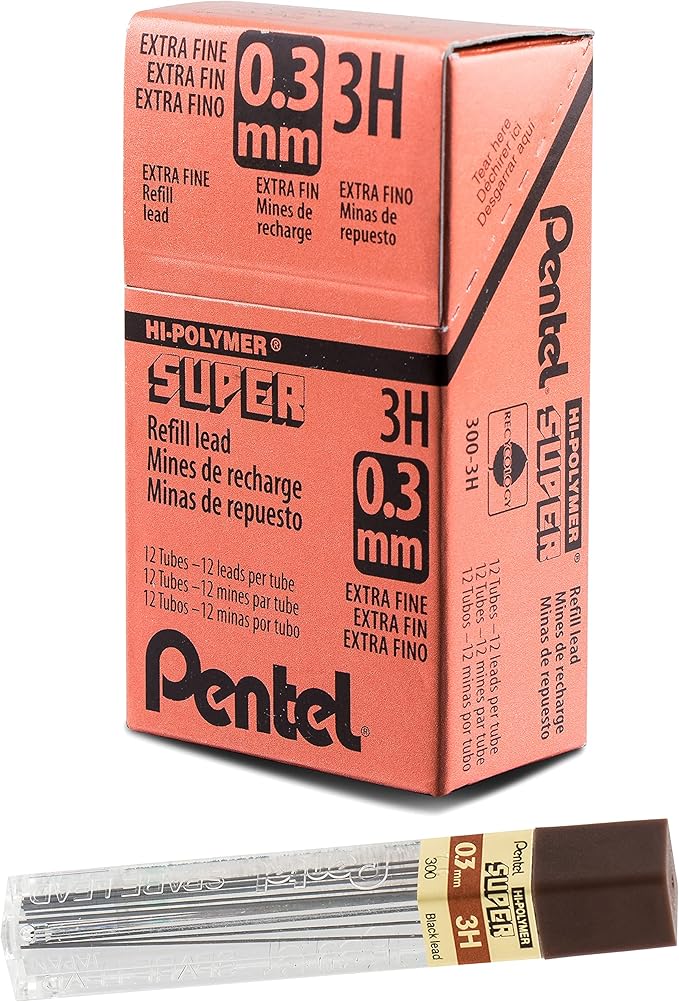 Pentel Super Hi-Polymer Lead, 0.3mm, Extra Fine, 3H, 12 Pcs/Tube, Box of 12 (300-3H)