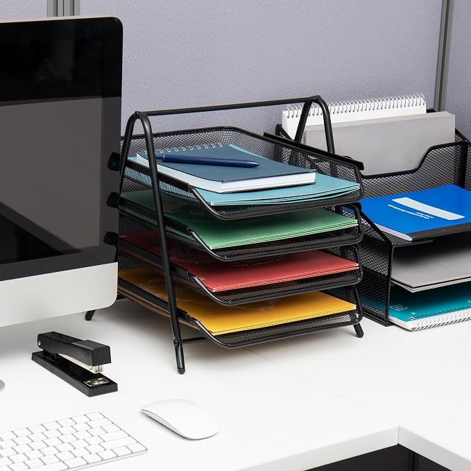 Mind Reader 4-Tier Paper Tray, Desktop Organizer, File Storage, Office, Metal Mesh, 12" L x 13.75" W x 12.5" H, Pack of 2, Black