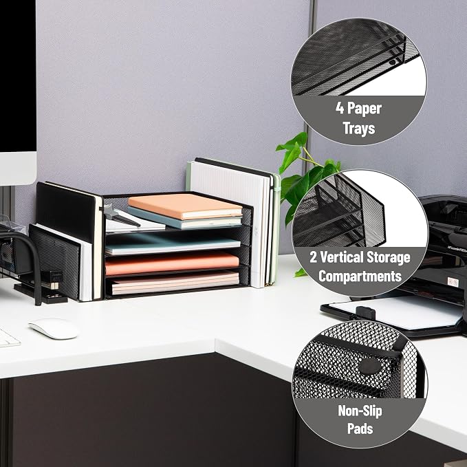 Mind Reader Desktop Organizer, File Storage, Paper Tray, Workspace, Office, Metal Mesh, 16.75"L x 9.15"W x 6"H, Black