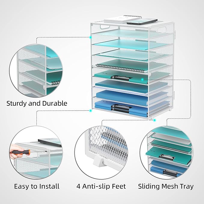 9-Tier Paper Organizer for Desk, Letter Tray with Handles, White, 2 Pack | Desk File Organizer with Removable Trays for Sorting Files, Folders, Mail and Printer Paper at Home, School or Office