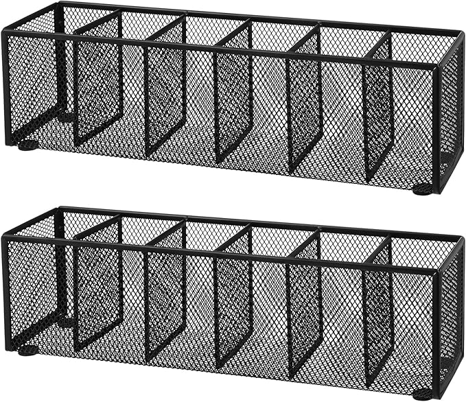 Teling 2 Pcs Mesh Desk Organizer Metal Mesh Pen Holder 6 Compartments Desktop Stationery Pencil Caddy Organizer Basket(Black)